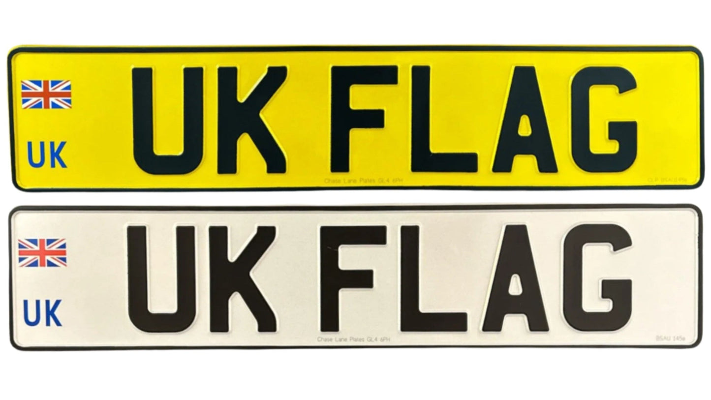 Metal Pressed Number Plate - 520mm x 111mm UK Badge - Pair